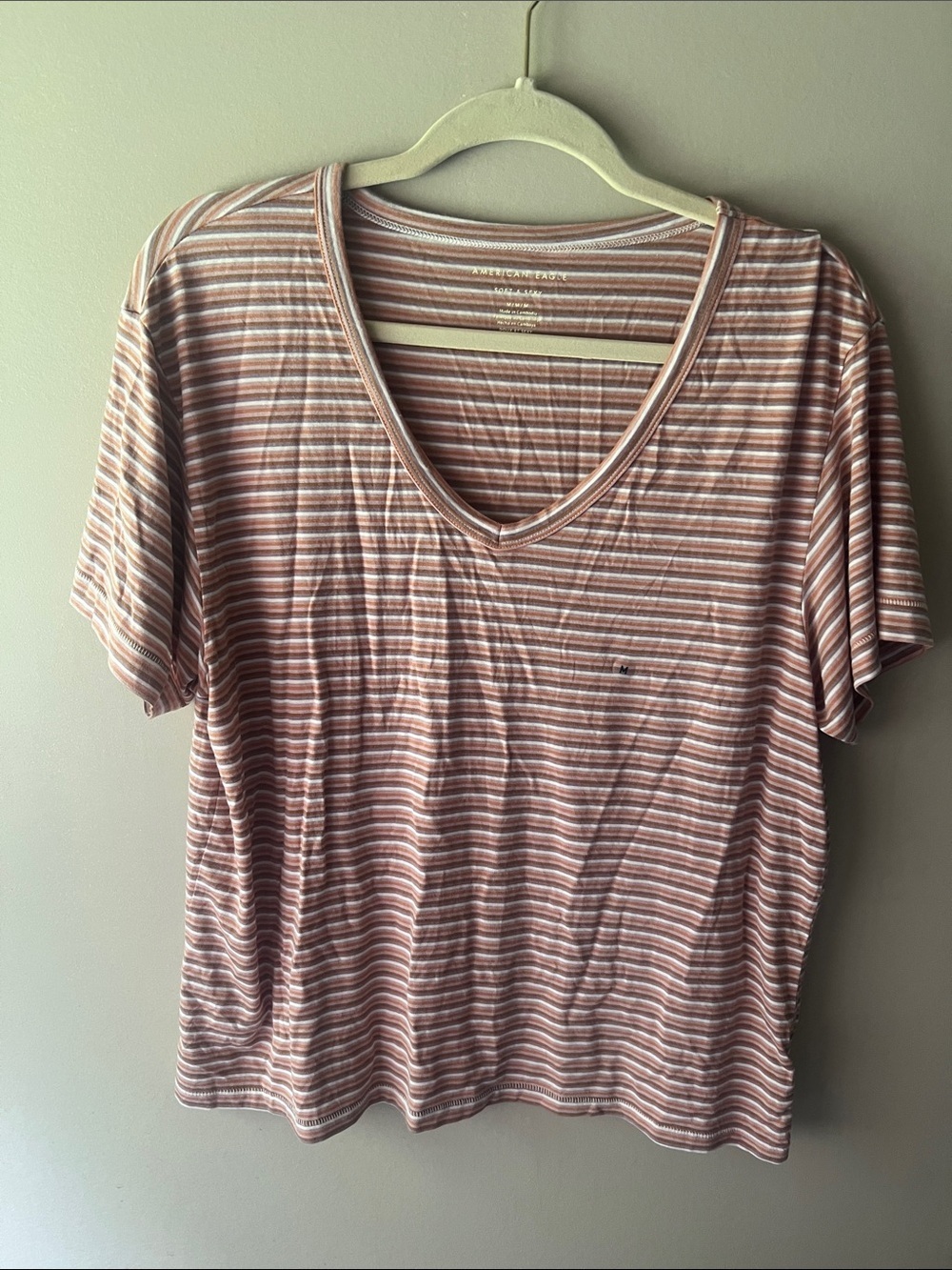 American Eagle Outfitters Striped V-Neck Tee in Mauve and White